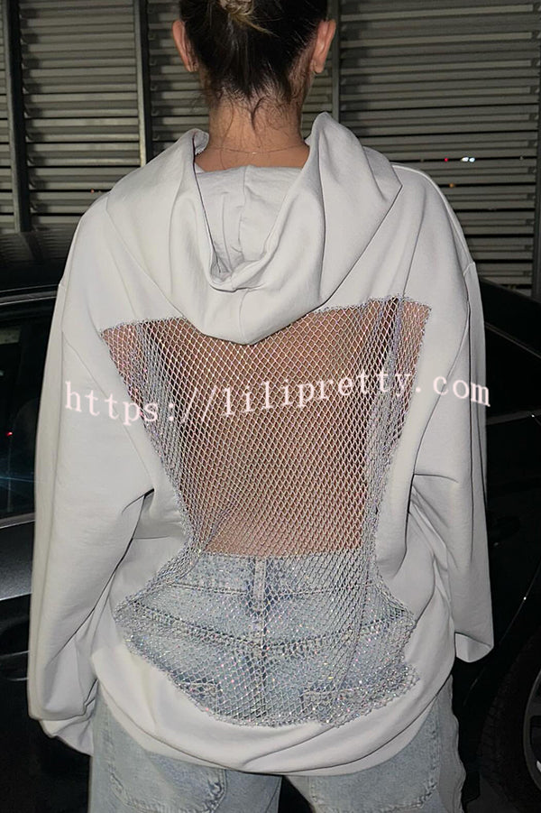 Fashionable Shiny Mesh Hollow Back Loose Long-sleeved Hooded Sweatshirt