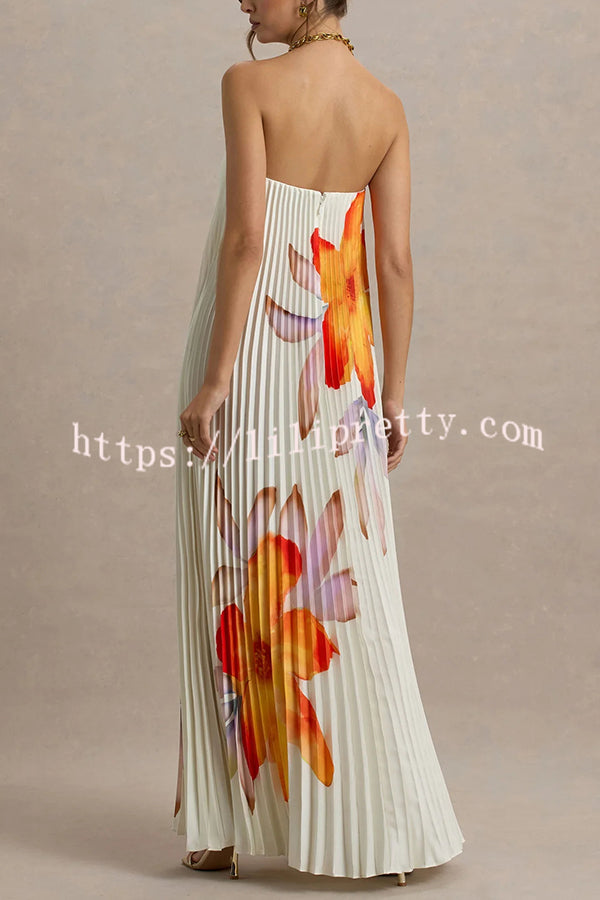 For Every Occasion Satin Pleated Floral Print V-wire Bandeau Neck Maxi Dress