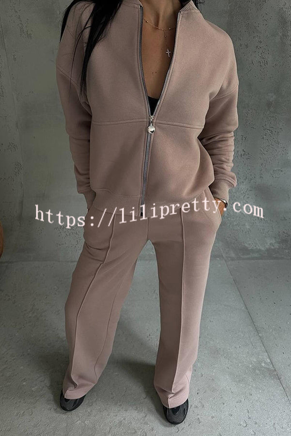 Solid Color Casual Long Sleeve Zipper Jacket and Elastic Waist Pocket Wide Leg Pants Set