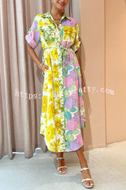 Travel Effortlessly Linen Blend Floral Patchwork Shirt Midi Dress