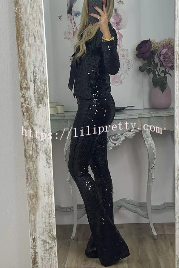 Holiday Cheer Sequin High Rise Elastic Waist Flared Stretch Pants