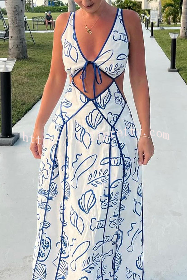 Lilipretty Love The Coastline Linen Blend Unique Print Cutout Tie-up Backless Maxi Dress
