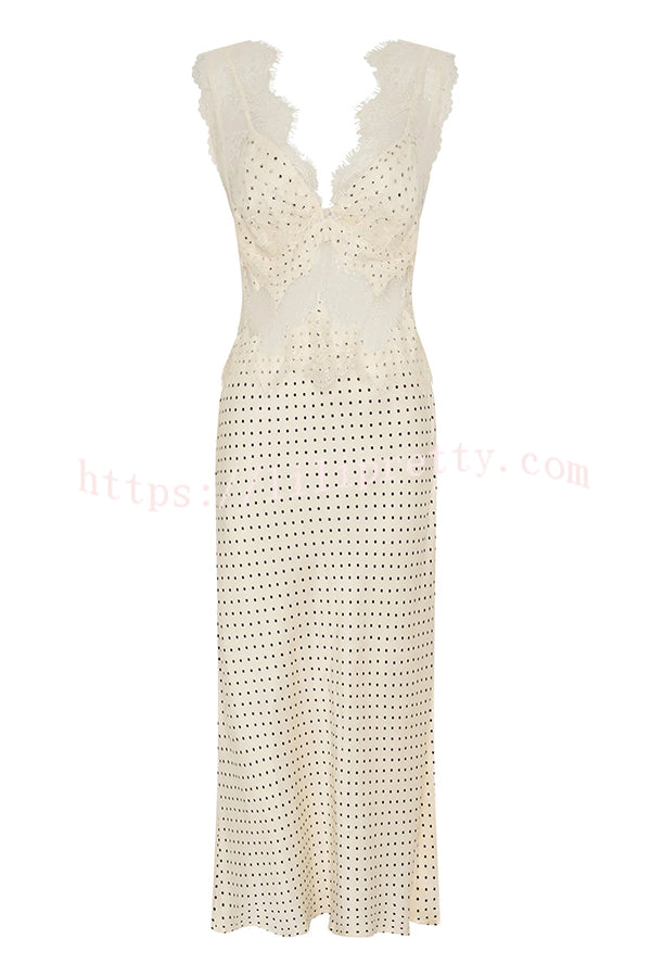 Wonderful Fusion Satin Lace Trim Poka Dot V-neck Drape Maxi Dress