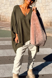 Fashion V-neck Loose Pocket Mid-length Knitted Poncho Sweater