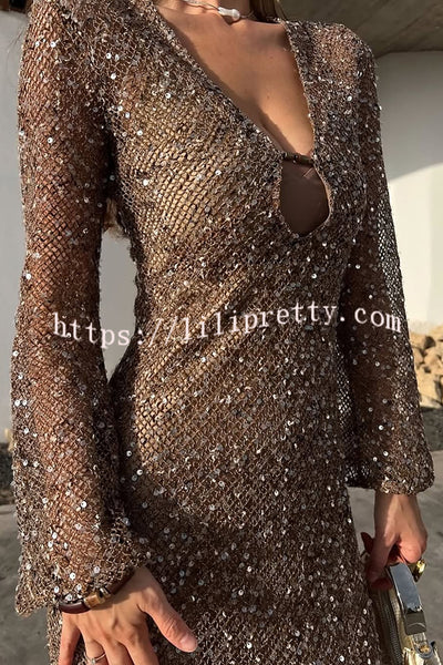 Fashion Sequined Hollow V-neck Long-sleeved Holiday Midi Dress