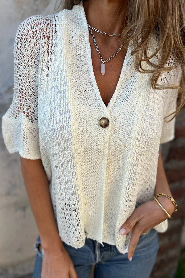 Solid Color Hollow Sleeve V-neck Button Knitted Cardigan