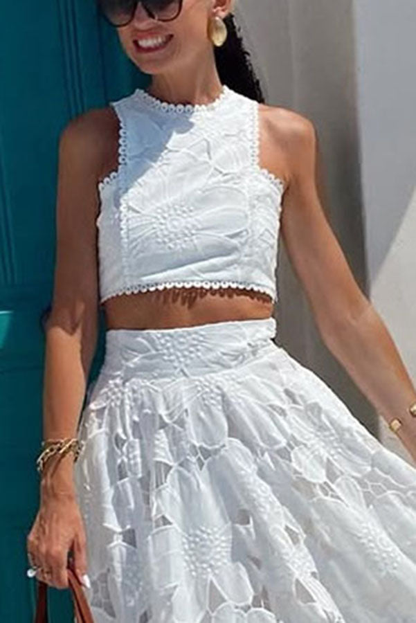 Next Trip Floral Embroidery Crochet Lace Crop Tank Top