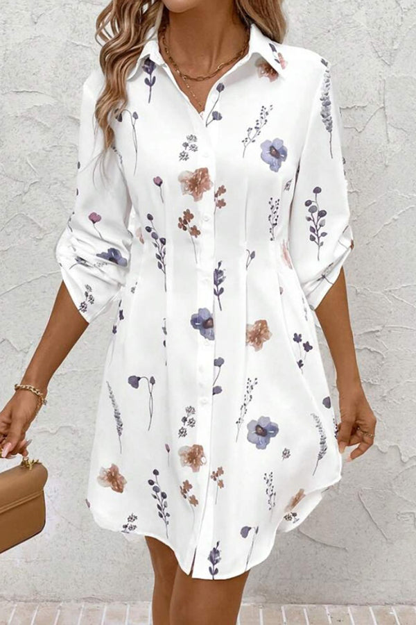 Floral Print Lapel Long Sleeve Button-Down Shirt Mini Dress