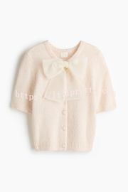 Cozy Sweet Darling Knit Sheer Organza Bow Neck Short Puff Sleeve Button Cardigan