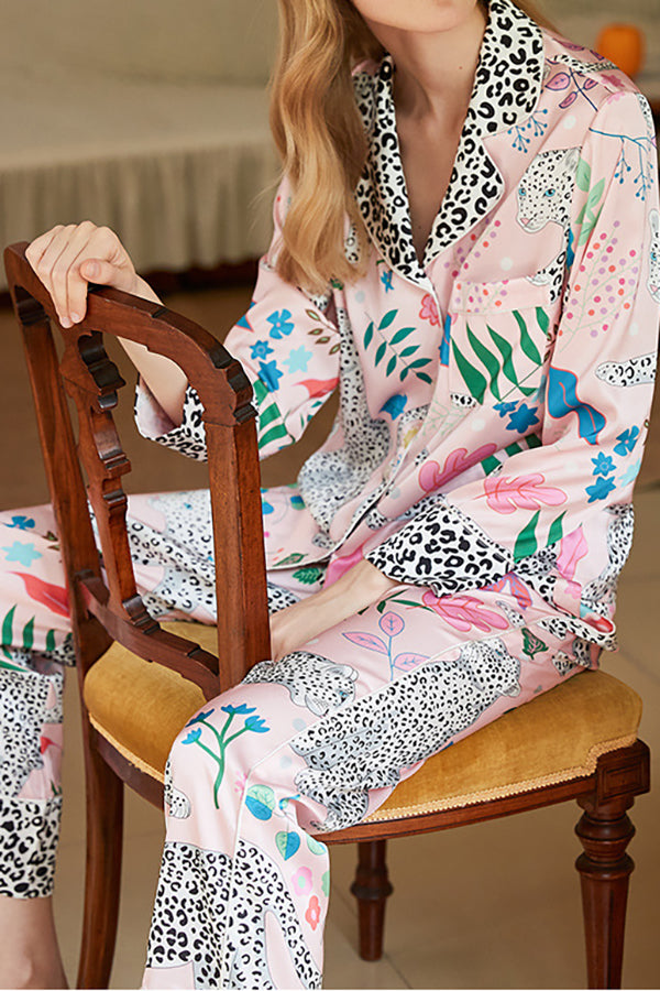 Pink Snow Leopard Printed Home Long Sleeve Two Piece Set