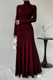 Solid Color High-neck Long-sleeved Slim-fit Fishtail Elegant Maxi Dress