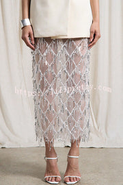 Sexy See-through Sequined Tassel Midi Skirt
