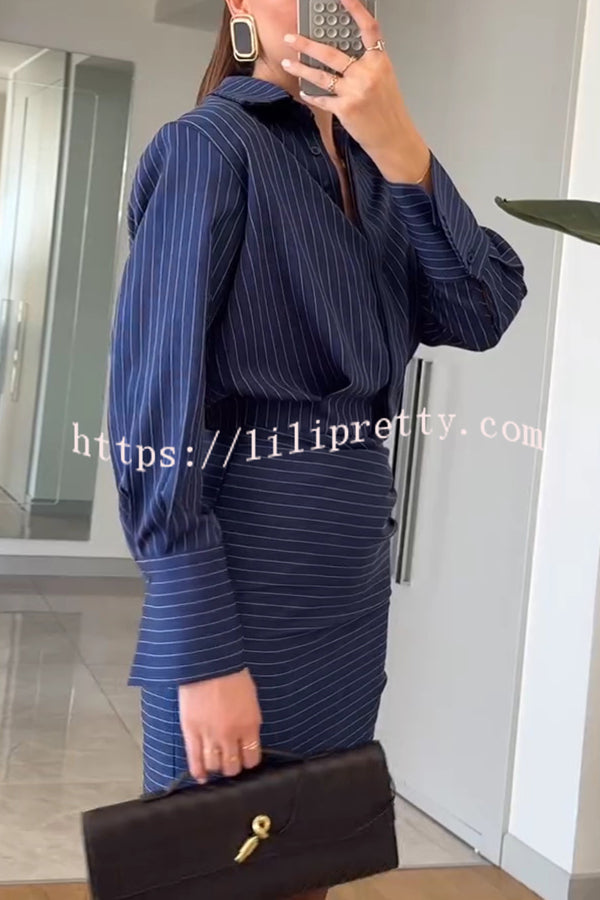 Simple and Sexy Stripe Print Long Sleeve Ruched Hem Shirt Mini Dress