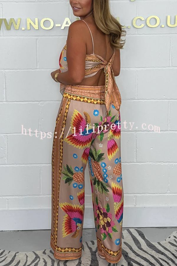 Parrot Satin Unique Print Scarf Tank and Elastic Waist Wide Leg Pants Set