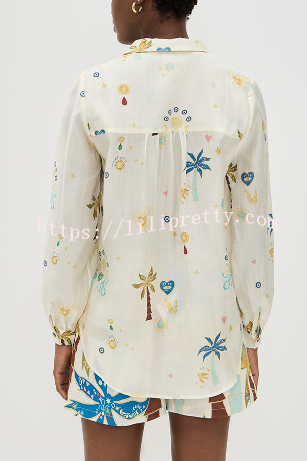 Linen Blend Resort Coconut Palm Print Long Sleeve Lapel Shirt and Elastic Waist Casual Pocket Shorts Set