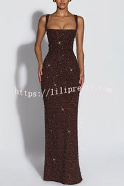 Calanthe Sequin Embellished Chiffon Ruched Square Neck Back Lace-up Maxi Dress