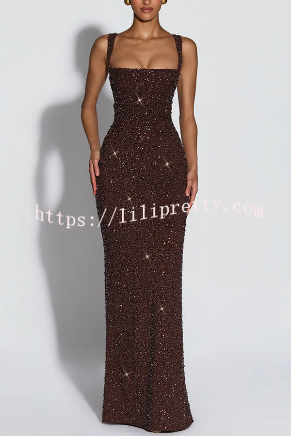 Calanthe Sequin Embellished Chiffon Ruched Square Neck Back Lace-up Maxi Dress