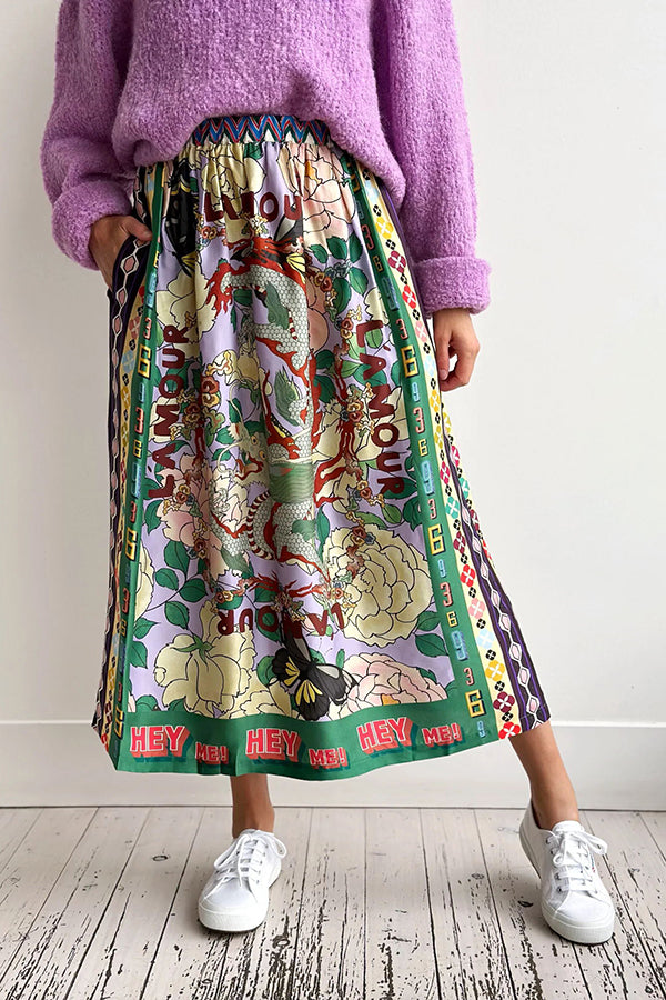 Lilipretty Dragon Season Unique Print Elastic Waist Pocketed Midi Skirt