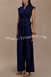 Charley Denim Button Up Cap Short Sleeve Structured Tie-up Lapel Top