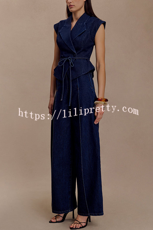 Charley Denim Button Up Cap Short Sleeve Structured Tie-up Lapel Top