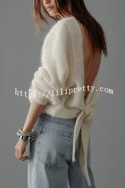 Chunky Season Knit Mohair-blend Long Sleeve Open Back Knot Design Loose Sweater
