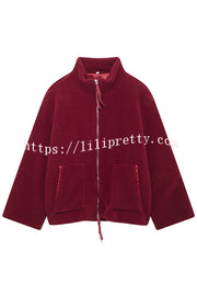 Solid Color Stitching High Collar Long Sleeve Loose Pocket Woolen Coat