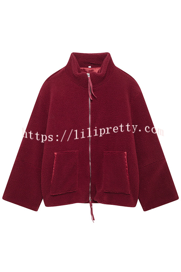 Solid Color Stitching High Collar Long Sleeve Loose Pocket Woolen Coat