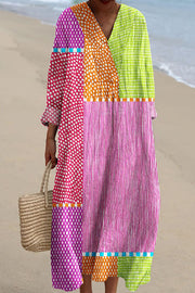 Striped Spot Print V-Neck Long Sleeve Loose Midi Dress