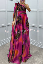 Lucia Unique Print Floral Detail One Shoulder Draped Sleeve Gown Maxi Dress