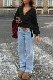 Solid Color Crossover V-neck Tie Elegant Long-sleeved Knit Top