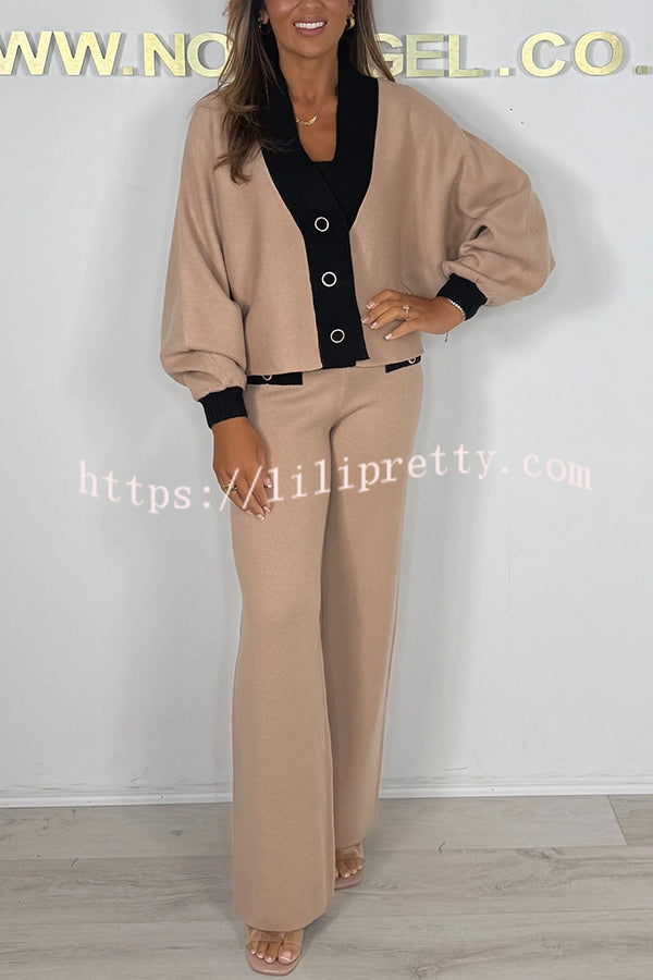 Fashion Contrast Color V-neck Loose Cardigan and Elastic Waist Casual Pants Set