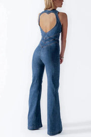 Fashionable Heart Hollow Back Slim High Waist Flared Denim Jumpsuit