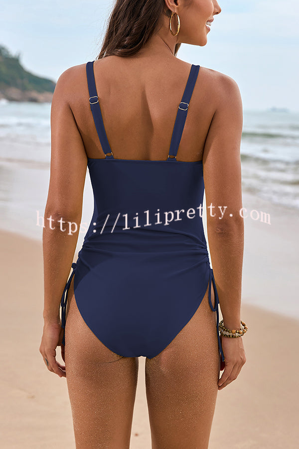 Solid Color Drawstring Waist Mesh One-Piece Swimsuit