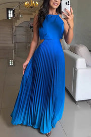 Fashionable Backless Tie Elegant Gradient Pleated Maxi Dress