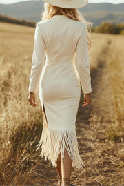 Stylish Suede Long-sleeved Zippered Slim-fit Tassel Midi Dress