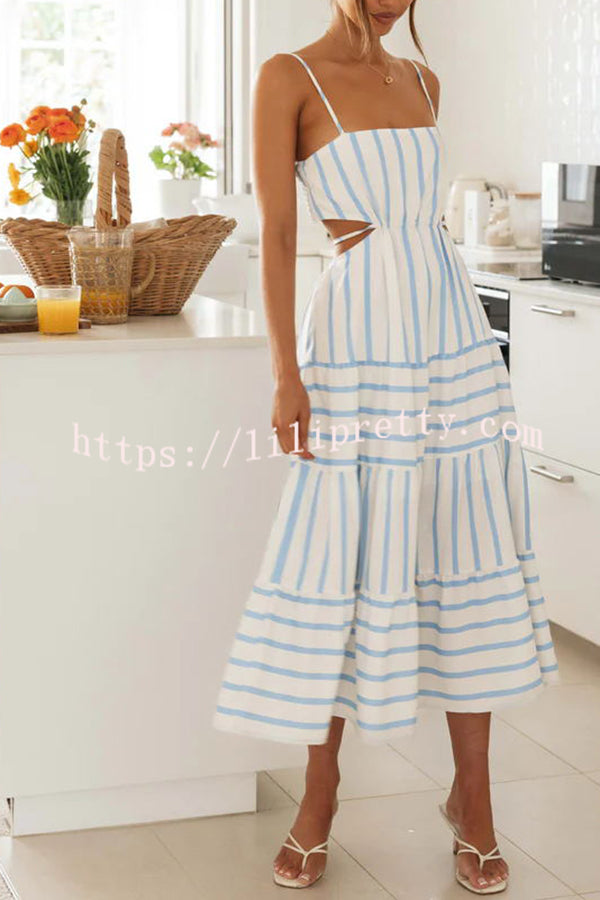 Exquisite Striped Suspender Hollow Pleated Patchwork Lace Up Midi Dress
