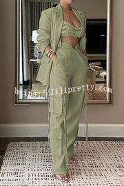 Stylish Lapel Long Sleeve Loose Jacket and Casual Pocket Lace-up Straight Leg Pants Set