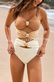 Fashionable Color-blocked Metal Button Stretch One-piece Swimsuit