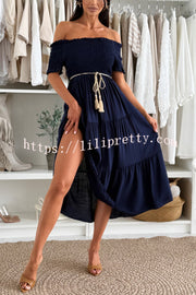 Solid Color Off-the-shoulder Pleated Waist Midi Dress