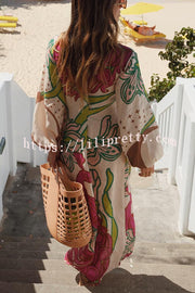 Tracey Linen Blend Unique Print Balloon Sleeve Tie-up Tunic Maxi Dress