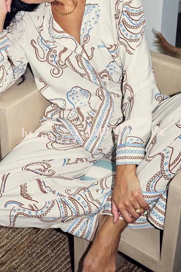 Calm Seas Line Octopus Unique Print Loose Shirt and Elastic Waist Pocketed Pajama Set