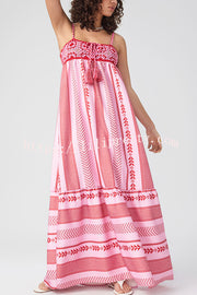 Unique Printed Patchwork Fringed Lace-up Maxi Dress