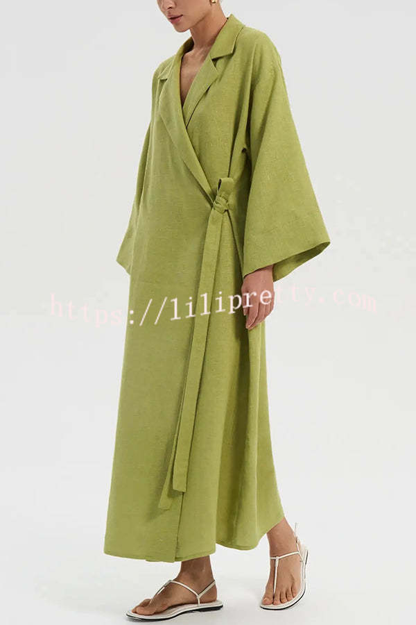 Linen Blend Solid Color Casual Lapel Tie Loose Maxi Dress