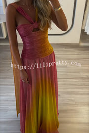 Vireya Metallic Fabric Gradient Print Ruched Cutout Halter Maxi Dress