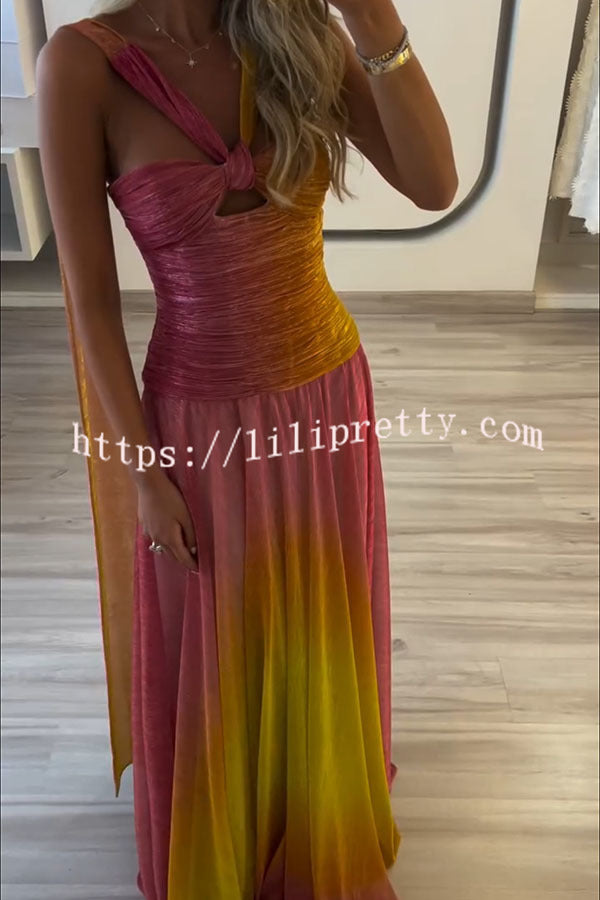 Vireya Metallic Fabric Gradient Print Ruched Cutout Halter Maxi Dress