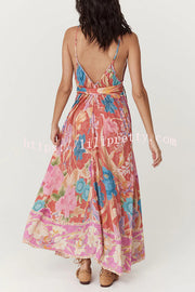 Painter's Garden Boho Floral Print Strappy A-line Maxi Dress