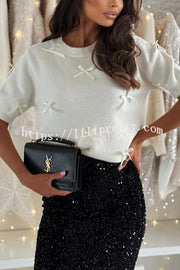 Light The Night Knit Satin Bow Detail Short Puff Sleeve Sweater