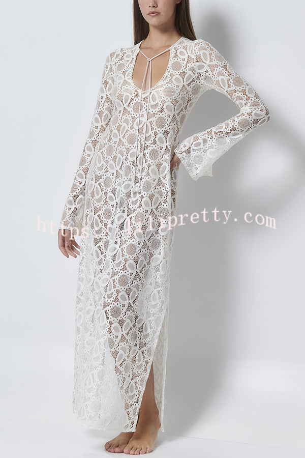 Santorini Sunset Floral Lace Long Sleeve Slit Vacation Maxi Dress