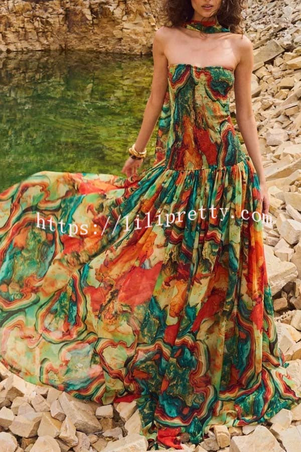 Vacay Vibes Colorful Lava Print Off Shoulder Smocked Scarf Maxi Dress