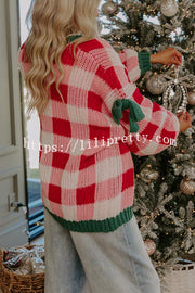 Holiday Cozy Checkered Knit Color-blocked Plaid Bow Long-sleeved Cardigan